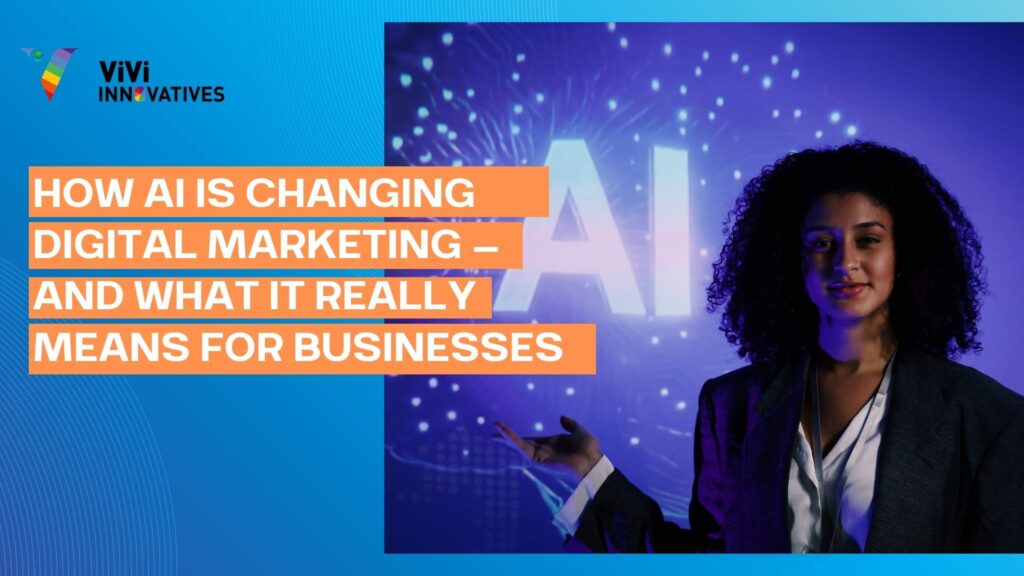 Cinematic AI-powered digital marketing command center with strategist analyzing campaign data – ViVi Innovatives