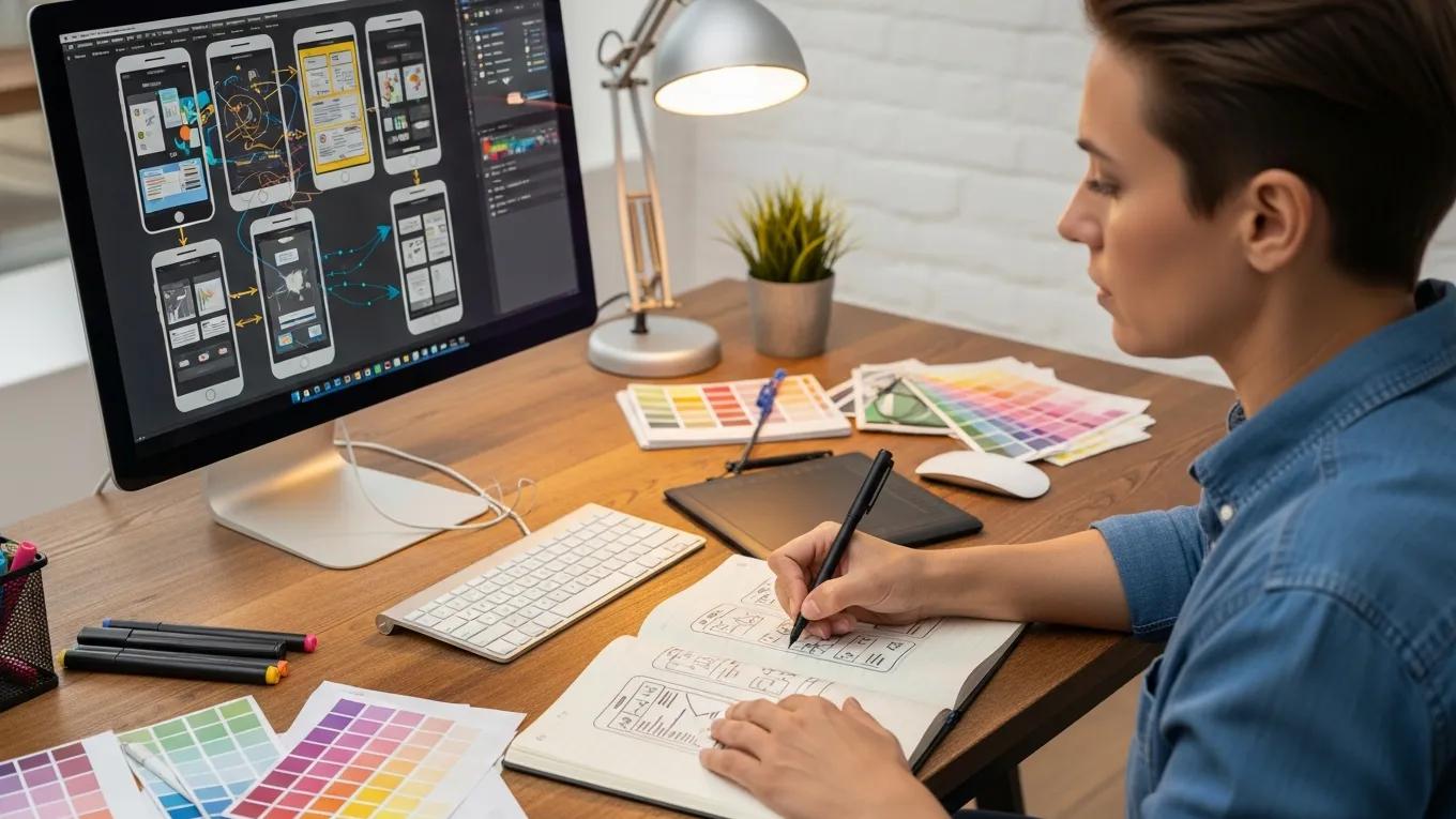 Designer sketching mobile-first design concepts in a creative workspace