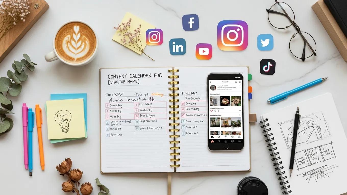 Flat lay of planner and smartphone illustrating planning for Instagram content strategy