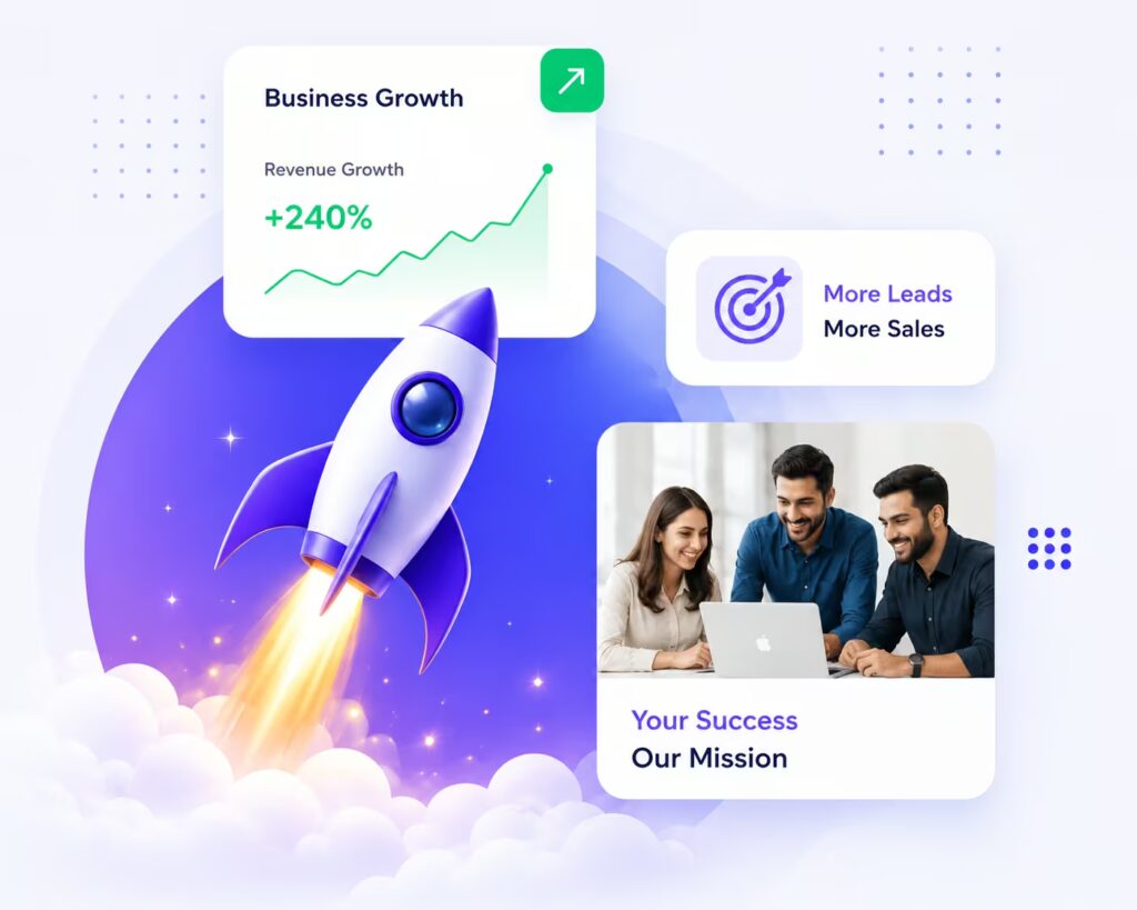 End-to-end digital marketing illustration with business analytics, website growth, lead generation, and performance marketing.