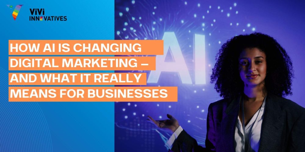 Cinematic AI-powered digital marketing command center with strategist analyzing campaign data – ViVi Innovatives